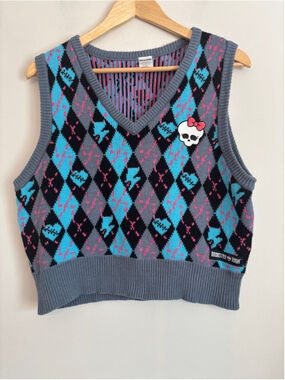 Monster High Argyle V-Neck Sweater Vest Size XL Grey Blue Cosplay Costume